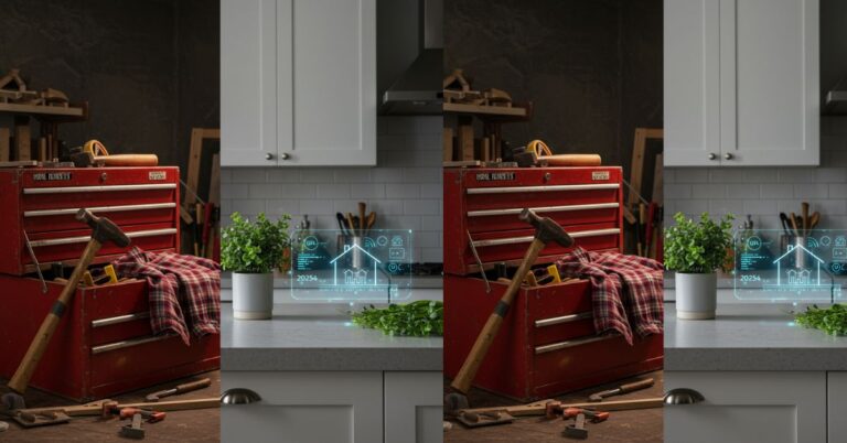 Home Improvement Reboot nostalgia and 2025 modern DIY trends merged, featuring Tim Taylor's tools and smart home tech.